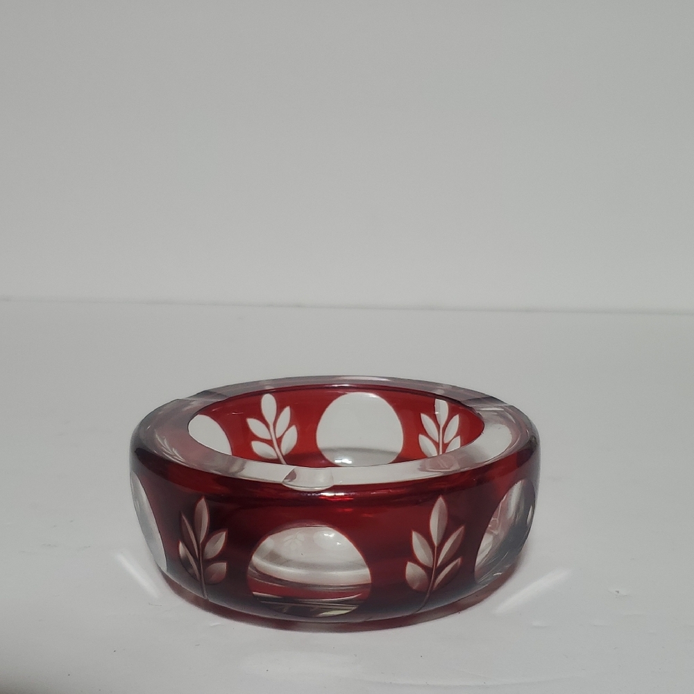 Vtg Bohemian Ruby Red Cut To Clear Glass Ashtray